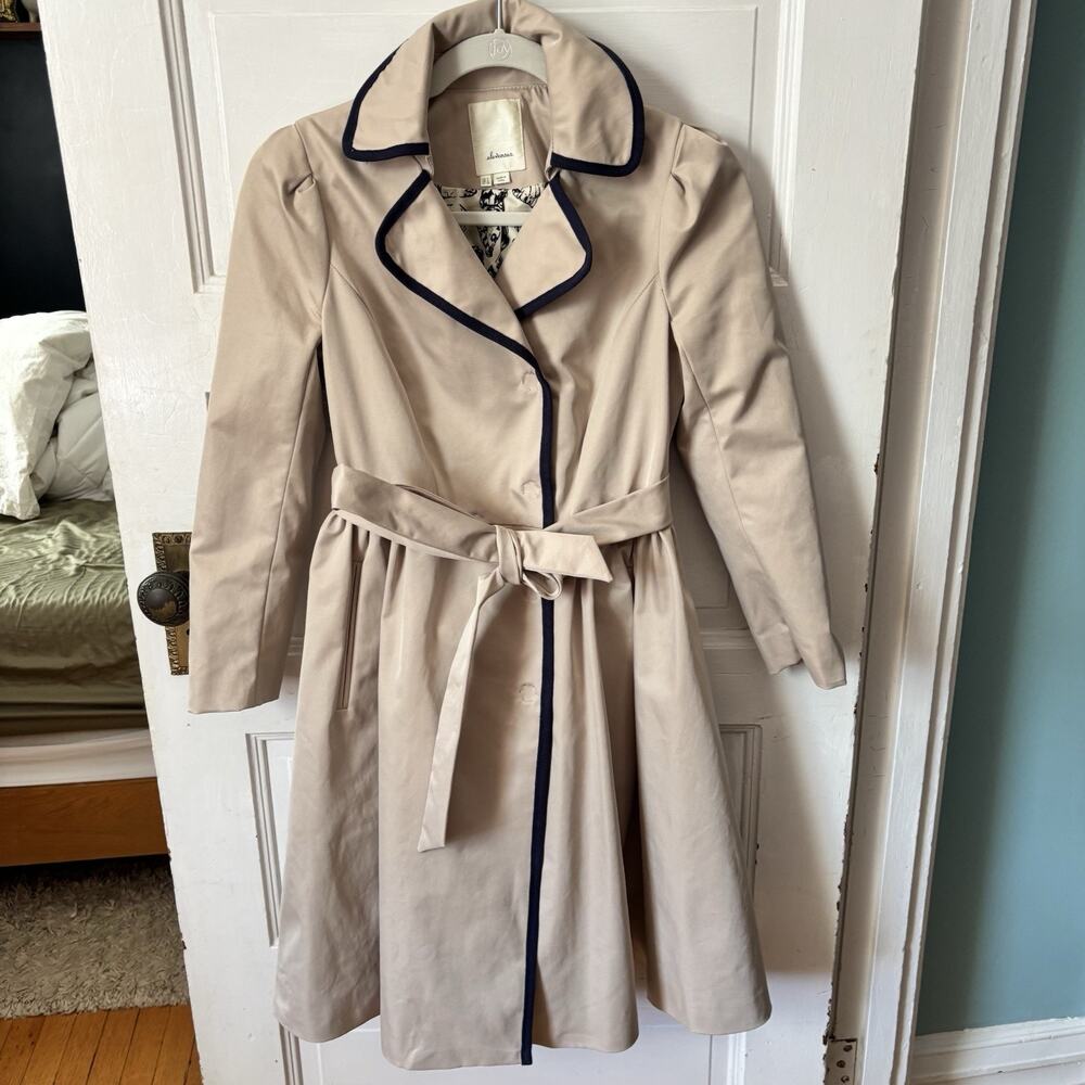 Anthropologie Elevenses Fair Lady Beige Khaki Trench Long‎ Coat Sz US 0 XS